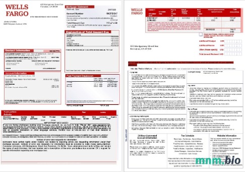 USA Wells Fargo Bank wyciąg z kredytu hipotecznego w formatach Word i PDF, 3 strony 1-2